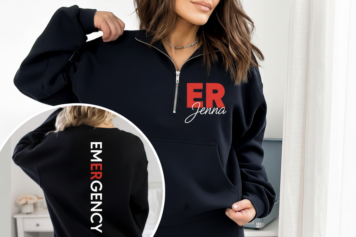 ER Jenna Black 3/4 Zip Kangaroo Pocket Sweatshirt Mockup