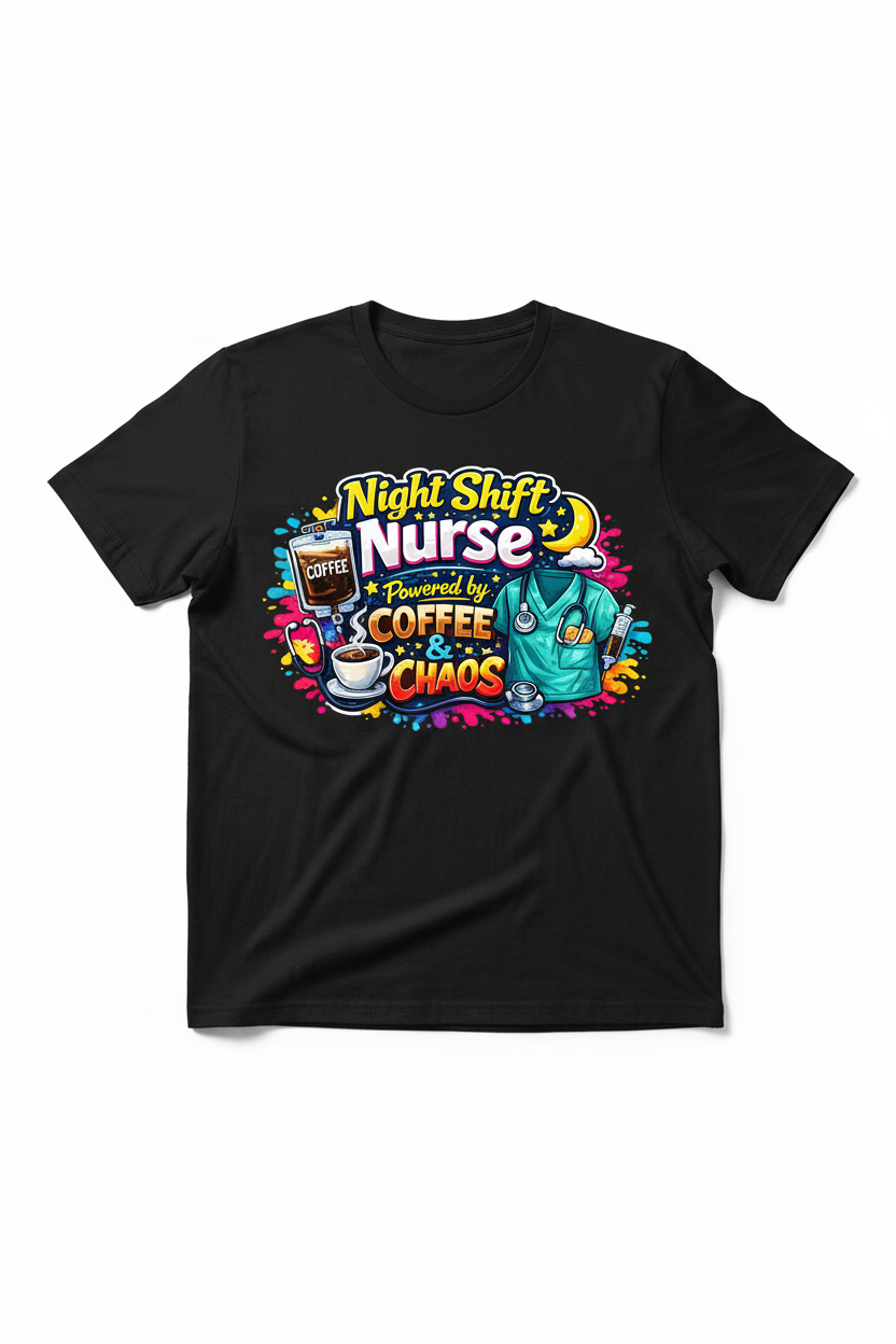 Night Shift Nurse on Black T-Shirt