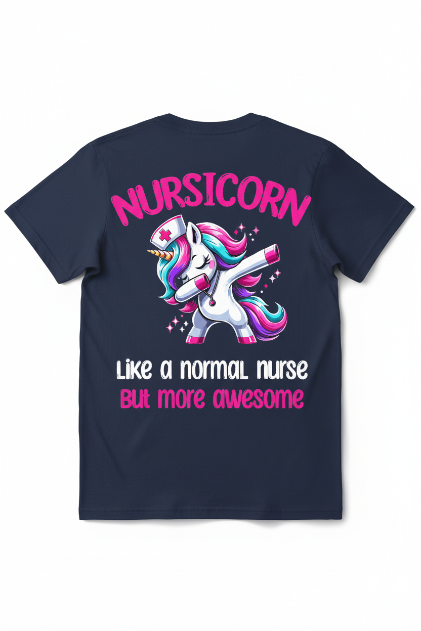 Nursicorn Back on Navy Blue T-Shirt