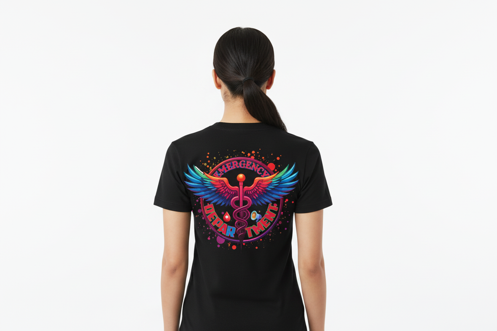 Woman wearing black t-shirt with Emergency Department badge on back