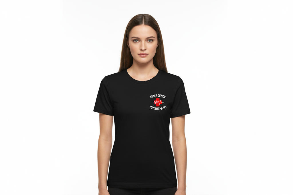 Woman wearing black t-shirt with red medical cross on left chest