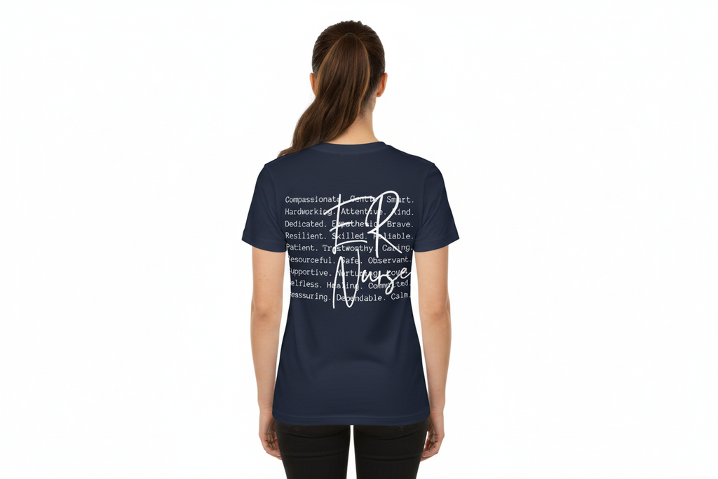 Woman wearing navy t-shirt - back view